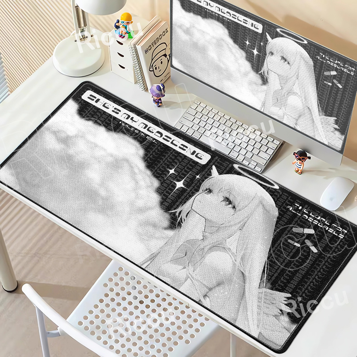 Gaming Accessories White - Angel Mousepad Black White Cute Anime